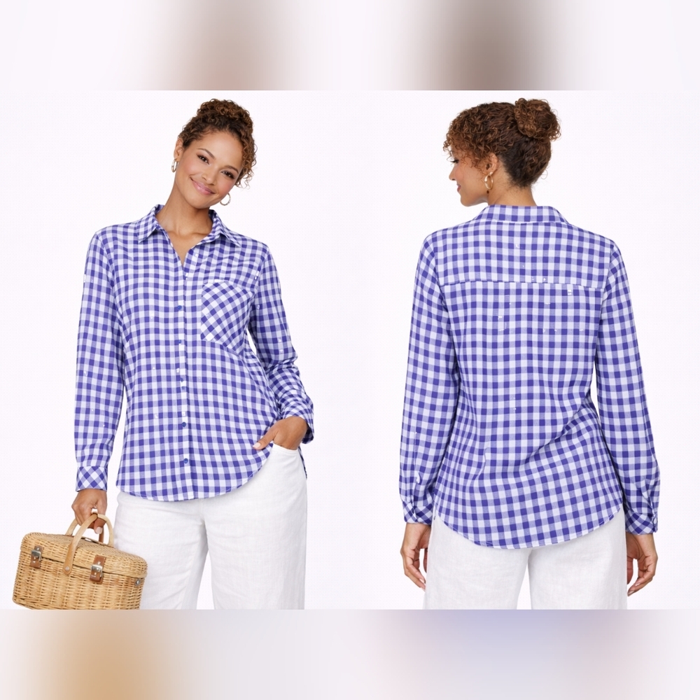 New Hester & Orchard Gingham Checkered Button Down Shirt Metallic Lurex Stripes